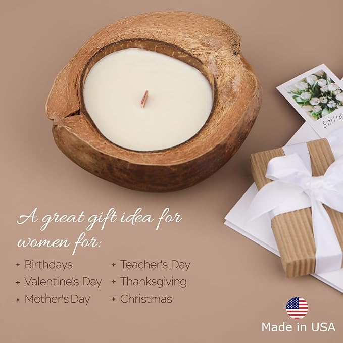 Scented Candle Clearance, Wooden Wick Soy Candles in a Big Coconut Shell, Relaxation Gifts for Women, Room Decor Natural Candles Non-Toxic (Coffee on The Shores of Bali)
