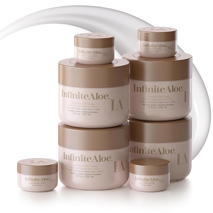 InfiniteAloe Complete Skin Care, Aloe Vera Powered Face and Body Cream for All Skin Types, Dry Skin Everyday Hero, Original Scent - 4 Large Jar 8 oz & 4 Travel Jar 0.5 oz