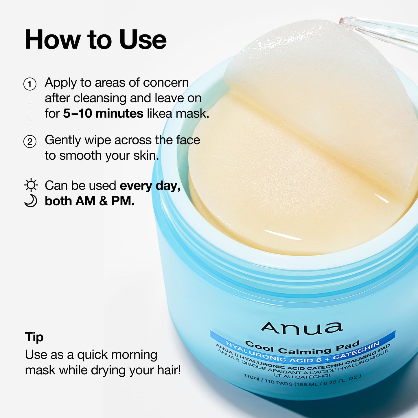 Anua 8 Hyaluronic Acid Catechin Calming Pad, Pore Care & Cooling Effect with Korean Toner pad, Quick & Easy Hydrating Daily Face Mask, Makeup Prep Routine, Korean Skin Care (185ml,110 Pads)