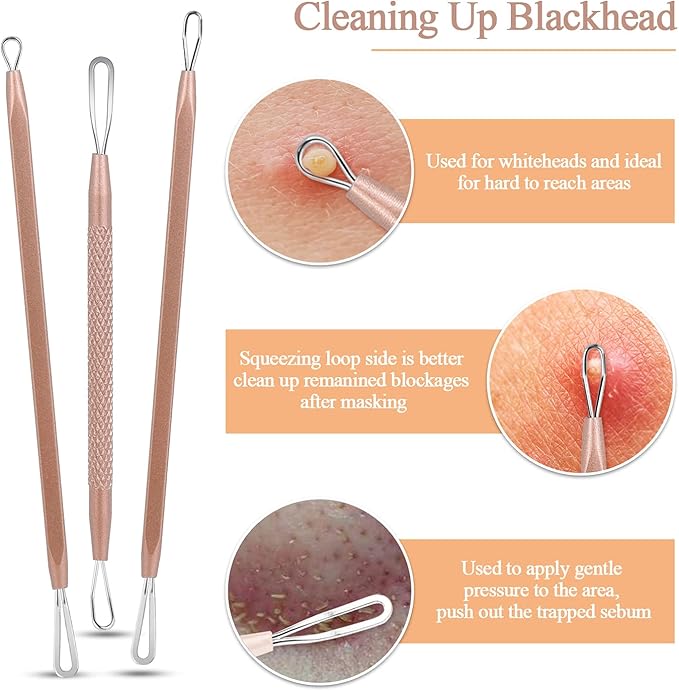 Pimple Popper Tool Kit, MENOLY 10 Pcs Blackhead Remover Comedone Extractor Acne Removal Kit for Blemish, Whitehead Popping,Zit Removing for Nose Face Tools with a Leather Bag (Rose Gold)