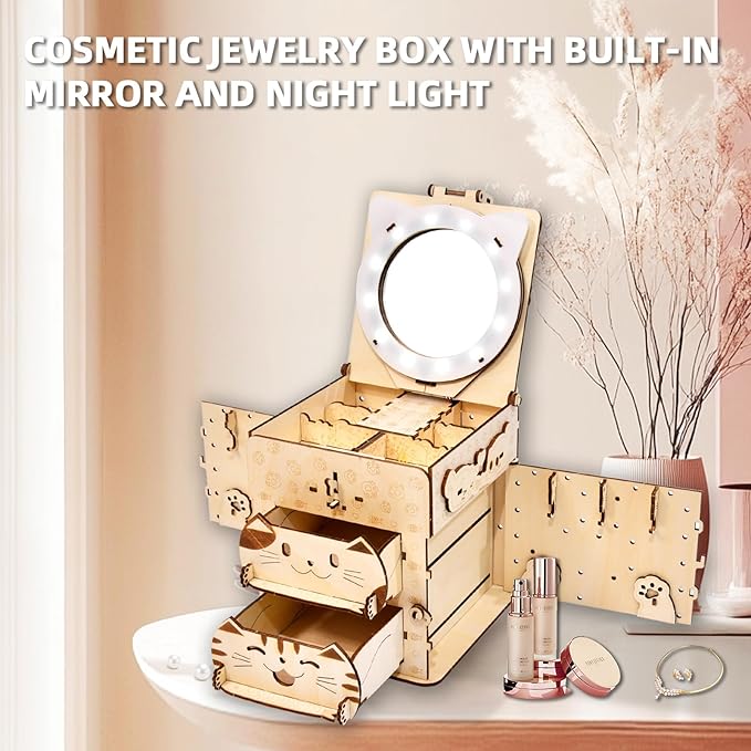 3D Wooden Puzzle Cat Treasure Box, Wood Creative Assembly Model Building Kits to Build for Adults and Teens, DIY Cat Jewelry Box with Mirror Hobbies Projects Gift for Women