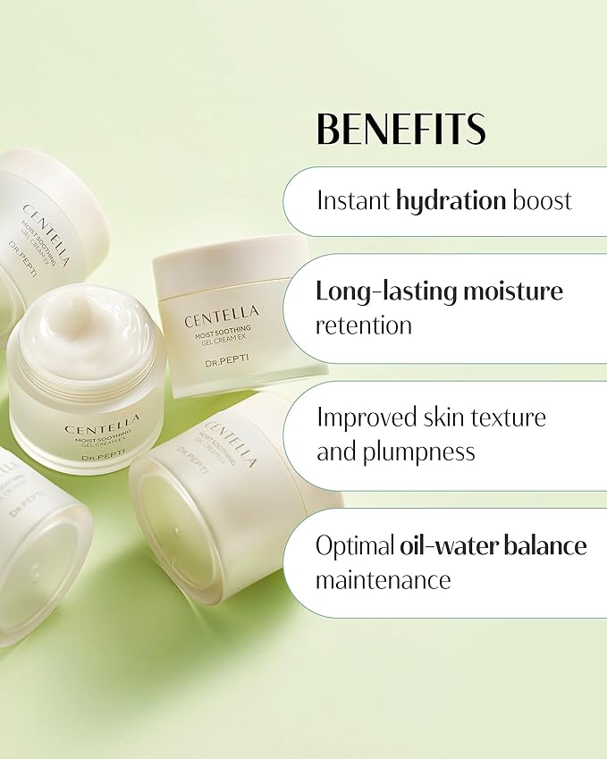 DR.PEPTI Centella Moist Soothing Gel Cream EX - Korean Face Moisturizer Cooling Hydrating for Sensitive Irritated Skin - Hyaluronic Acid Peptides Ceramide Makeup Booster Cream, 2.37 fl.oz