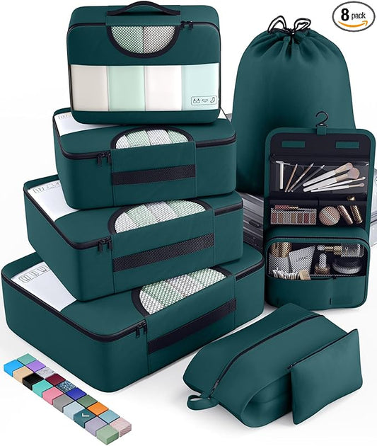 Veken 8 Set Packing Cubes for Travel Essentials, Suitcase Organizer Bags in 4 Sizes, Carry-On Luggage Accessories with Large Laundry & Hanging Toiletry Bag, Must-Have for Airplane, Road Trip & Camping