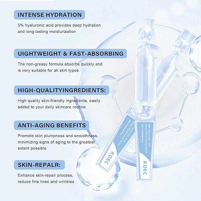 5% Hyaluronic Acid Serum,Ultra Hydrated Vial of Hyaluronic Acid Tubes，Awaken Natural Perfection for Face Serum Hydrated ，Anti-Aging, Deep Moisturizing, Revitalizing Skin (1.5ml*30Pcs)