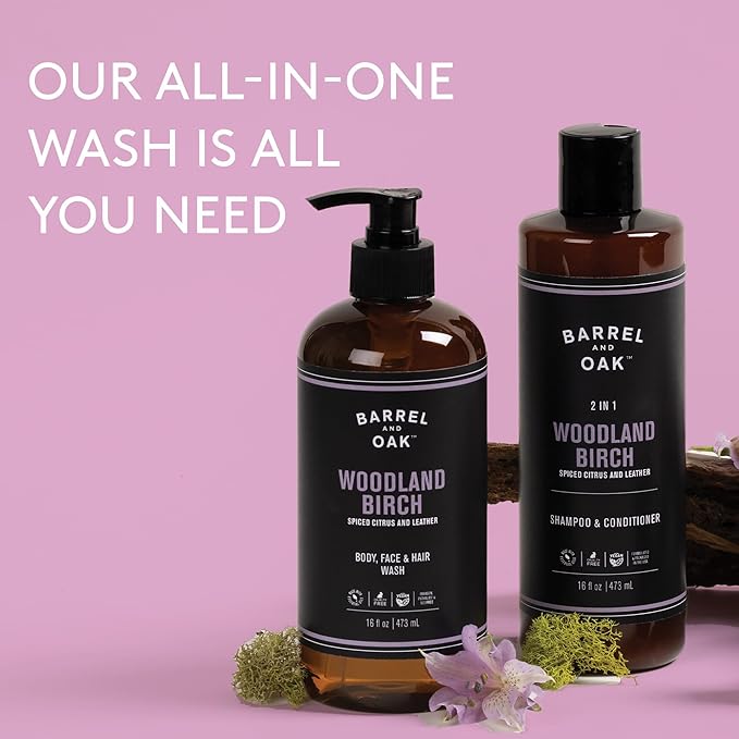 Barrel and Oak - All-In-One Body Wash, Men's Body Wash, Men's Soap for Hair, Face, & Body, Refreshing & Balanced Cleanser, Essential Oil-Based Scent, Vegan (Woodland Birch, 16 oz)