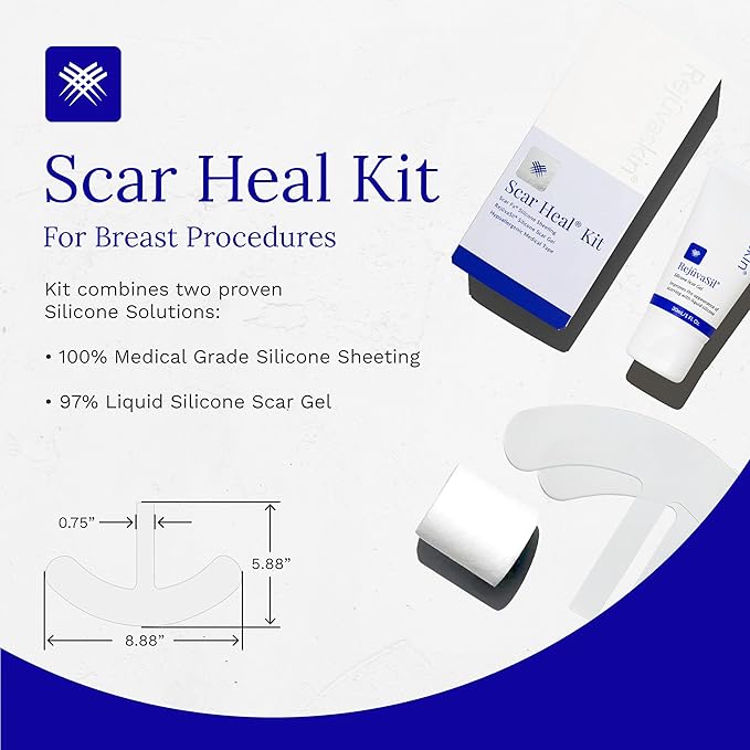 Rejuvaskin Scar Heal Kit for Breast Scars, Soften, Flatten, Reduce and Recover, Silicone Sheeting, RejuvaSil Gel & Medical Tape, Breast Piece Pair