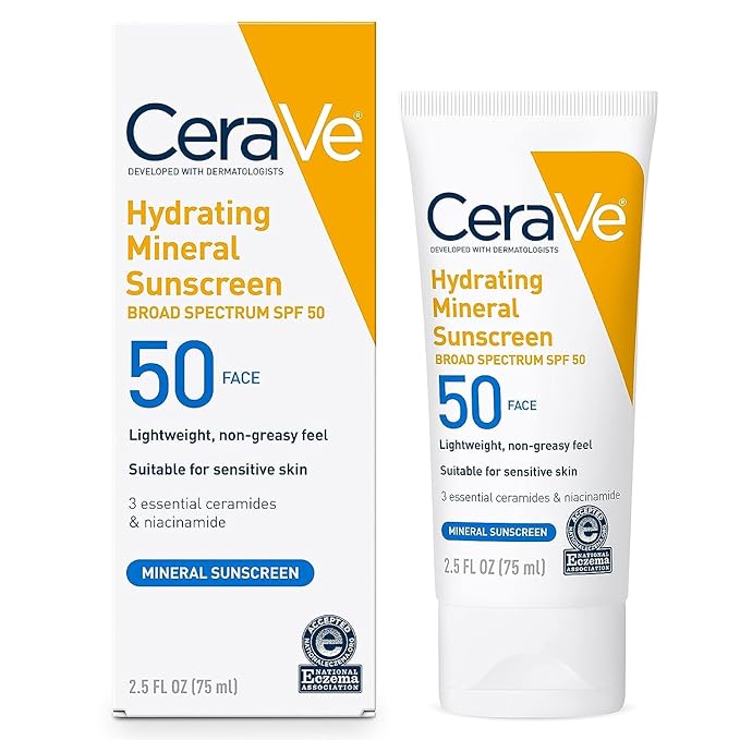 CeraVe 100% Mineral Sunscreen SPF 50 | Face sunscreen With Zinc Oxide & Titanium Dioxide | Hyaluronic Acid + Niacinamide + Ceramides | Oil Free Sunscreen For Face | Travel Size Sunscreen 2.5 oz
