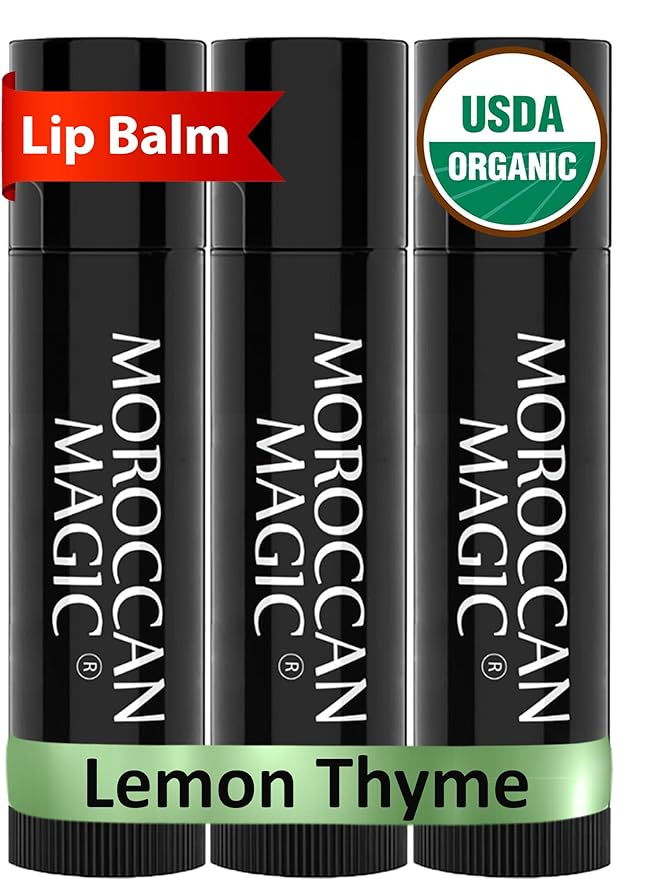 Moroccan Magic Organic Lemon Thyme Lip Balm 3 Pack | Ultra-Hydrating Argan & Essential Oil Lip Moisturizer + Vitamin E | Natural Chapstick for Dry Lips | Smooth, Non-Toxic | Organic Lip Balm