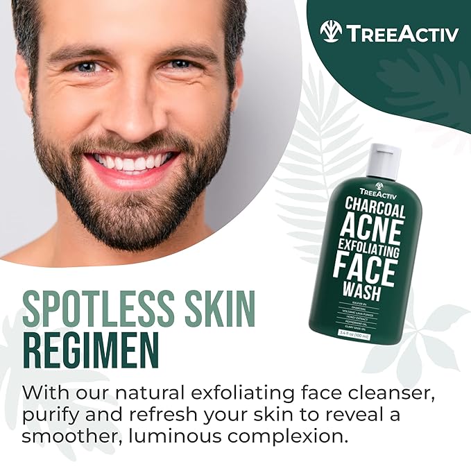 TreeActiv Acne Charcoal Face Wash 3.4 oz, Exfoliating Daily Honey & Sulfur Face Wash - Sulfur Acne Treatment Cleanser Face Soap, Mens Face Wash, Deep Cleansing Moisturizing Face Wash for Women and Men