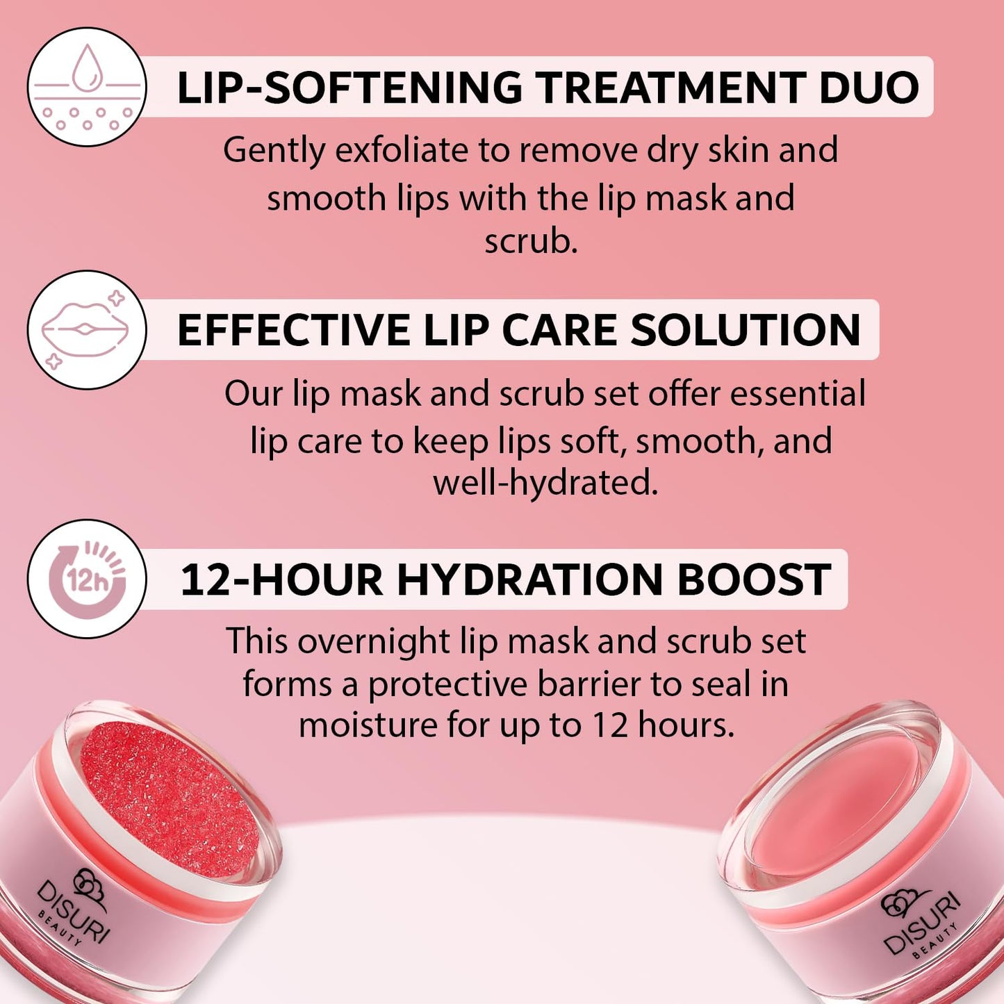 DISURI Beauty Lip Mask and Lip Scrub Set - Moisturizing Lip Scrub for Exfoliating and Smoothing Lips, Cruelty-free - Improves Texture, Hydrates, and Softens Chapped, Dark Lips Skin - (Strawberry)