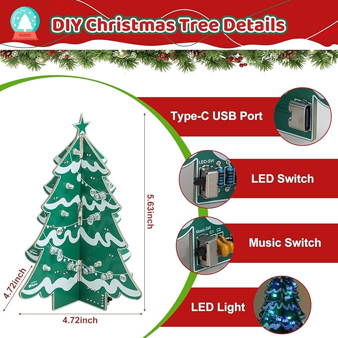 Christmas Tree DIY Soldering Kit – Electronics Xmas Tree Soldering Project with RGB LEDs & Music, Hands-On Christmas Soldering Practice Kit for Teens & Adults STEM Learning Holiday Decor & Gift