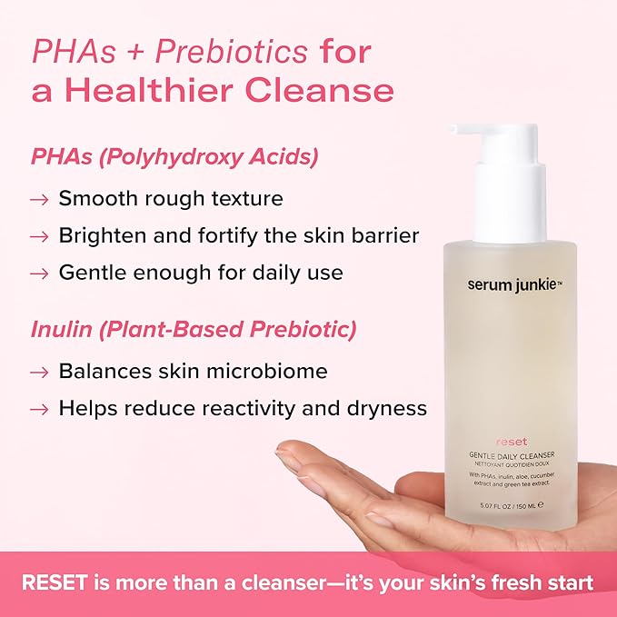 RESET Gentle Daily Cleanser with PHAs, Prebiotics, Glycerin, Cucumber, Green Tea, Rose, Hydrating Exfoliating Face Wash for Sensitive Skin, Non-Stripping, Vegan, 5.07 fl oz