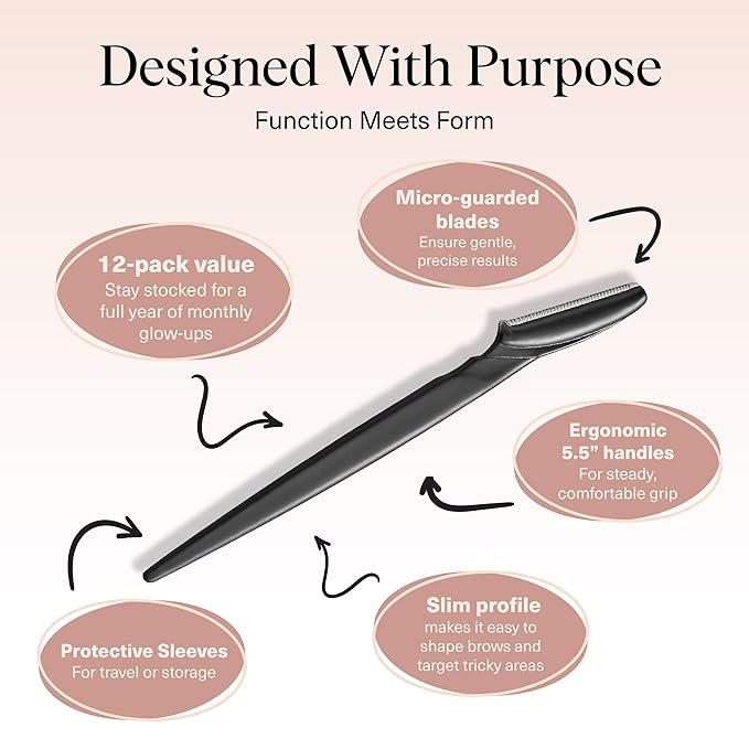 Kitsch Dermaplane Razor for Women Face - Face Razors for Women and Men - Eyebrow Trimmer, Shaver, Recycled Plastic Dermaplaning and Skin Care Tool - Black, 12 pcs