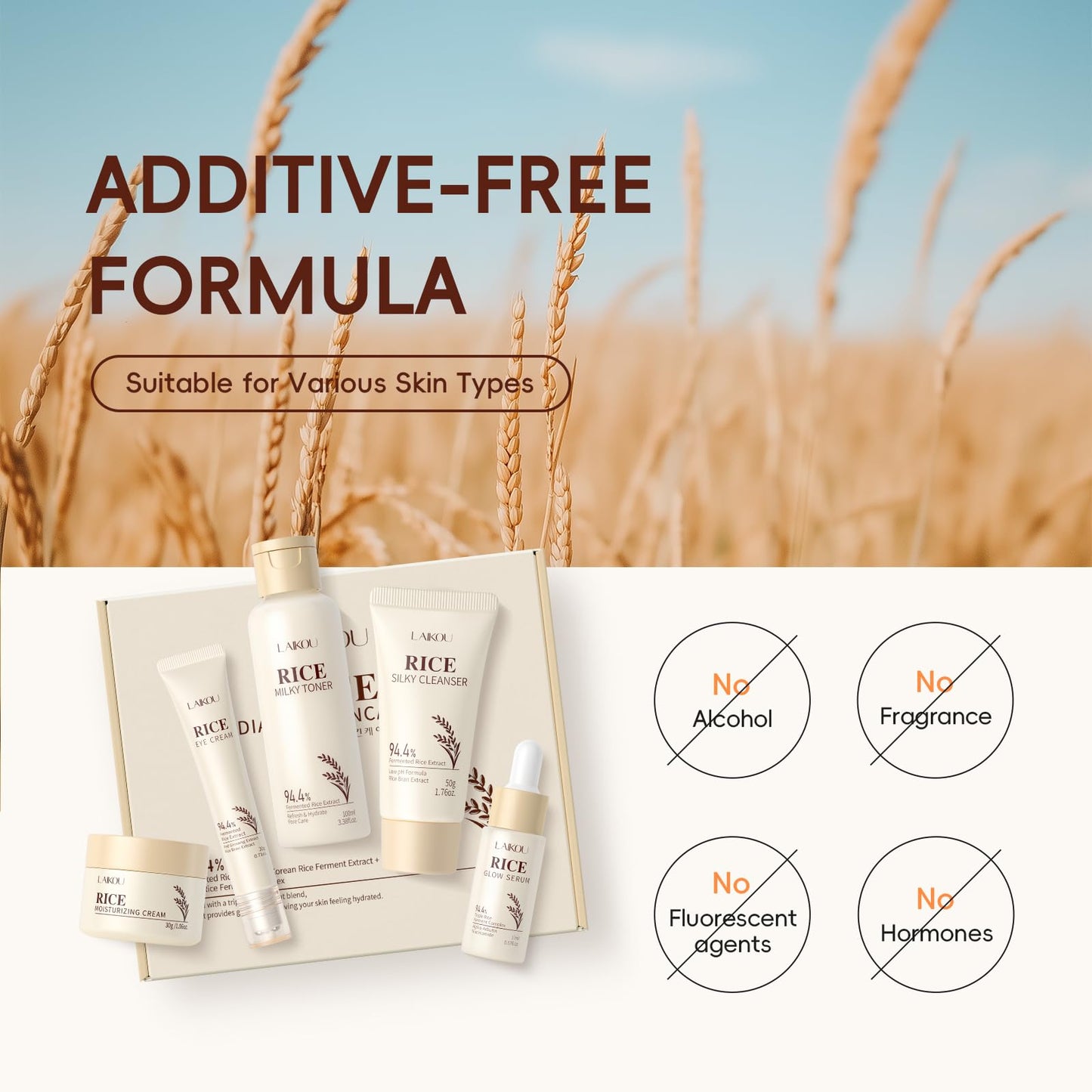 LAIKOU Skin Care Set, Korean Skin Care with Rice Cleanser, Toner, Serum, Eye Serum, Moisturizing Cream 5pcs for Women Teen Girls Mom Daughter Mother's Day Birthday Christmas Lover Korean Beauty