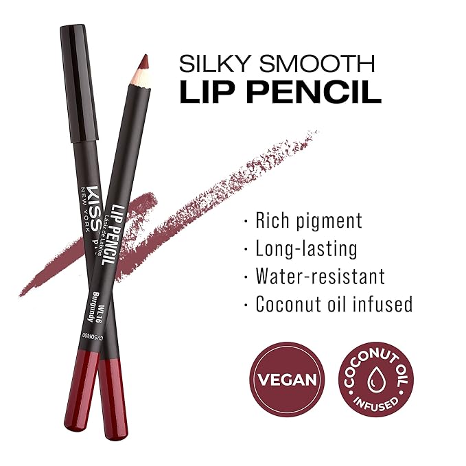 KISS New York Professional Slim Lip Pencil, Creamy Soft Lip Liner, Smooth Long-Lasting Rich Lip Color, Natural Lip Makeup, Water-Resistant Lip Crayon (Burgundy)