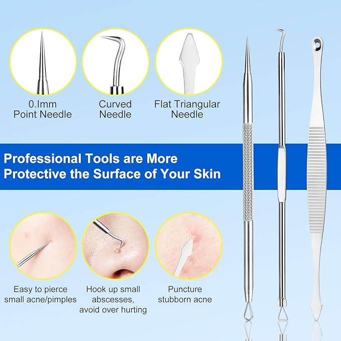 Pimple Popper Tool Kit,10 Pcs Professional Blackhead Remover Comedones Extractor for Easy Removal for Pimples,Blackheads,Zit Removing, Facial and Nose, Acne Removal Kit with Metal Box (Silver)