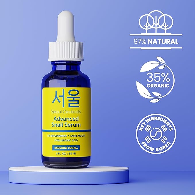 SeoulCeuticals Korean 5% Niacinamide + Snail Mucin 97.5% Essence Serum + Hyaluronic Acid, Cruelty Free Korean Skin Care, Natural & Organic Anti Aging Face Serum for Dull Skin, K Beauty 1oz