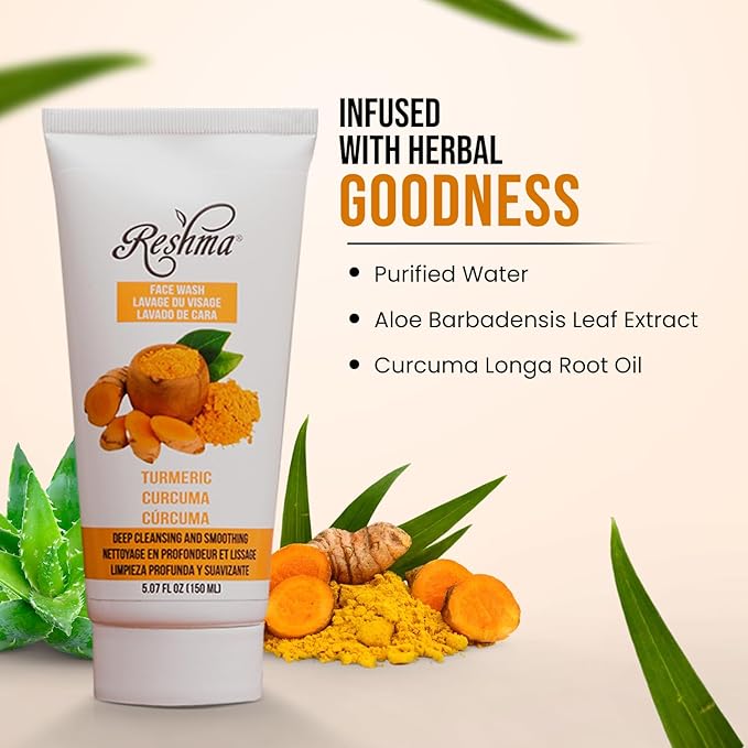 Reshma Beauty Turmeric Face Wash Cleanser for All Skin Types & Dull Skin Gentle for Acne Prone Skin For Dark Spots and Anti-Aging Removes Make Up For Daily Use Cruelty Free, 5.07 fl oz (Pack of 1)