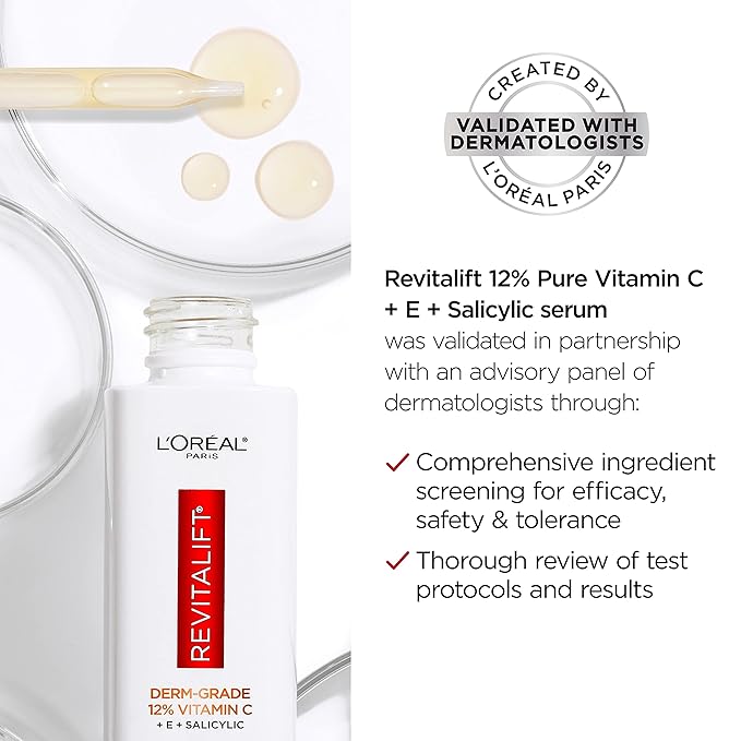 L'Oreal Paris Revitalift 12% Pure Vitamin C Serum, Brightening Serum For Face with Vitamin E, Salicylic Acid, 1 oz + Moisturizer Sample