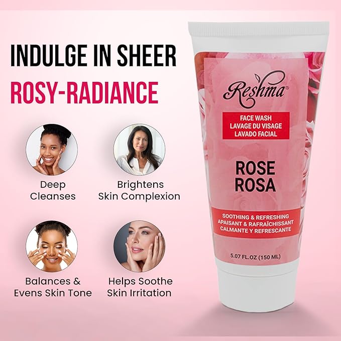 Reshma Beauty Rose Face Wash for All Skin Types & Dull, Glowing Skin and Deep Cleanser for Reviving, Nourishing & Rejuvenating, Removes Make-Up, For Daily Use, Cruelty-Free, 5.07 fl oz, Pack of 1