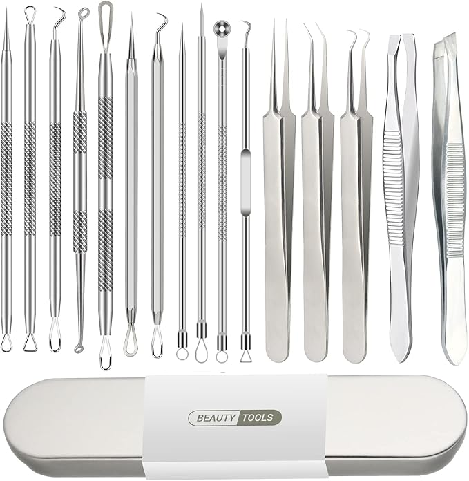 Pimple Popper Tool Kit, Blackhead Remover Tools, 16 PCS Professional Stainless Tweezers Acne Comedone Extractor Pimple Needle Tool for Blemish Whitehead Ingrown Hair Cyst Removal Beauty Tools for Face
