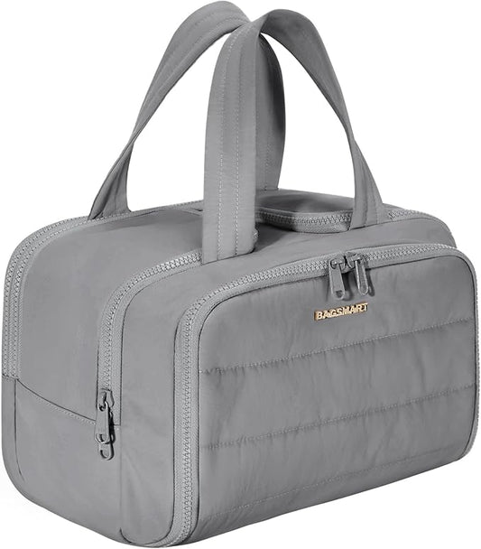 BAGSMART Travel Toiletry Bag, Lightweight Large Wide-open Travel Bag for Women, Puffy Cosmetic Makeup Bag Organizer with Handle for Accessories,Essentials, Toiletries, Grey