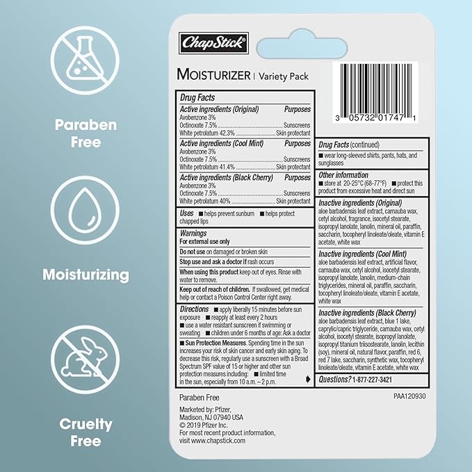 ChapStick Moisturizer 2-in-1 Lipcare SPF 15, Original, Black Cherry, Cool Mint, 3-Pack – Sunscreen Lip Balm with Aloe Vera and Vitamin E, 0.15 Oz Ea