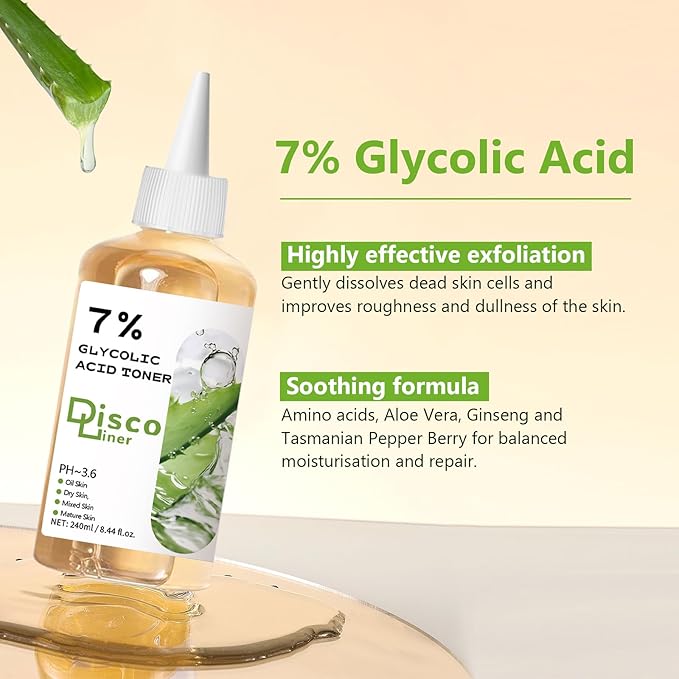 7% Glycolic Acid Exfoliating Toner, Hydrating Facial Toner, Smooth Glowing Skin, Even Skin Tone, Improve Skin Texture, Gentle Formula for Daily Use