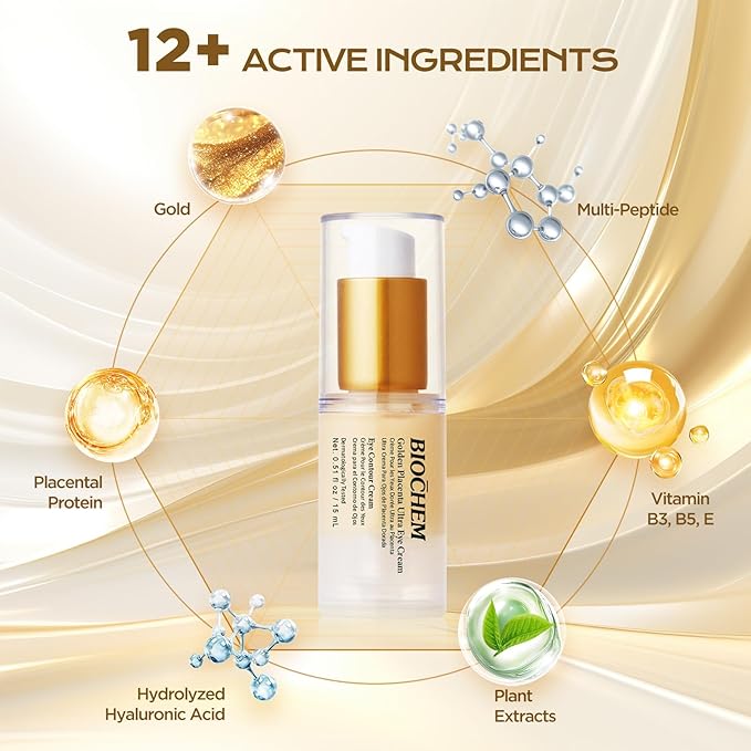 BIOCHEM Golden Placenta Ultra Eye Cream, Luxury Under Eye Repair Treatment for Circles, Puffiness, Anti Aging, Wrinkles Care, Skin Laxity, Crows Feet, Eye Bags for Women & Men(0.51 fl oz / 15 mL)