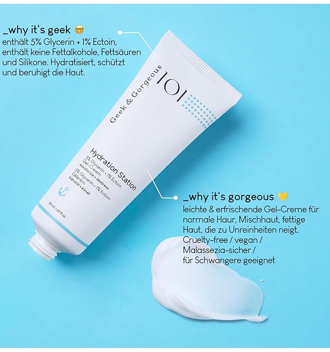Geek & Gorgeous – Hydration Station – Lightweight Refreshing Gel Cream with Glycerin & Ectoin – For Healthy, Plump-Looking Skin – Suitable for All Skin Types – 1.69 oz