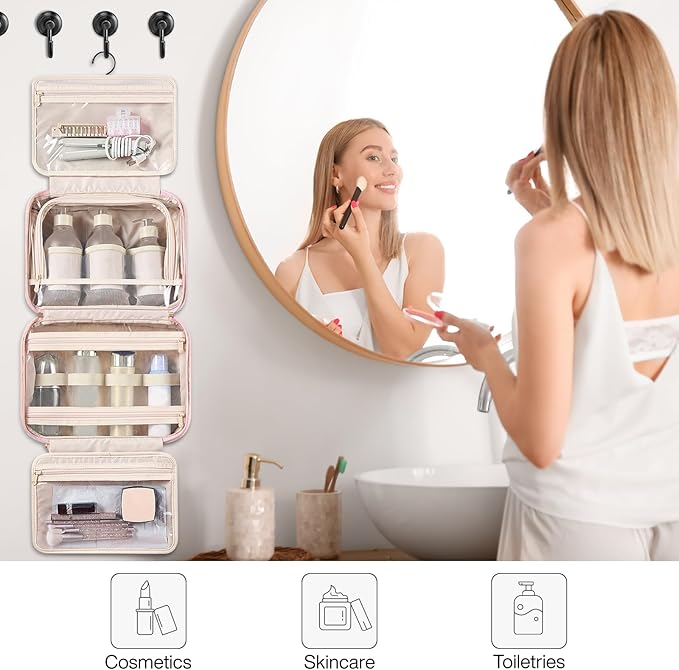 Hanke Hanging Travel Toiletry Bag for Women with Jewelry Organizer Compartment, Travel Essentials Toiletries and Makeup Bag, Water-Resistant & Stain-Resistant with Trolley Strap (Pink)