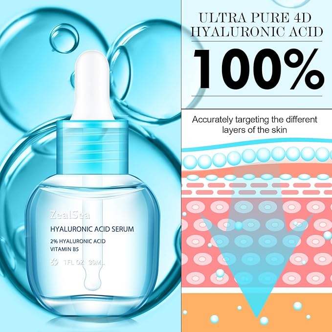 ZealSea Hyaluronic Acid Serum for Face, Hydrating Microneedling Serum, EWG Certified for Sensitive Skin, Vegan Fragrance Free Non-Comedogenic Absorb Quickly, Pure Hyaluronic Acid Anti-Aging 1 Oz*2