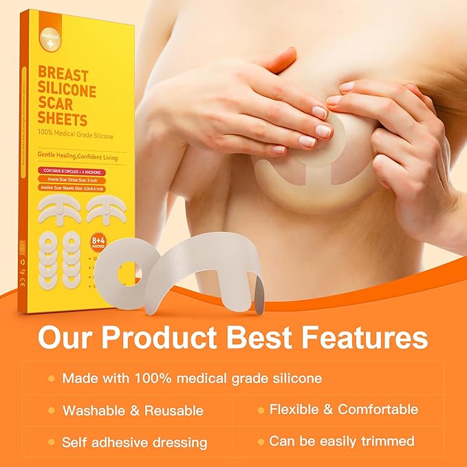 Silicone Scar Sheets for Breast - Including 8 Areola Soft Strips & 4 Anchor Sheets, Medical Grade & Reusable Breast Silicone Scar Tape for Surgical Scars
