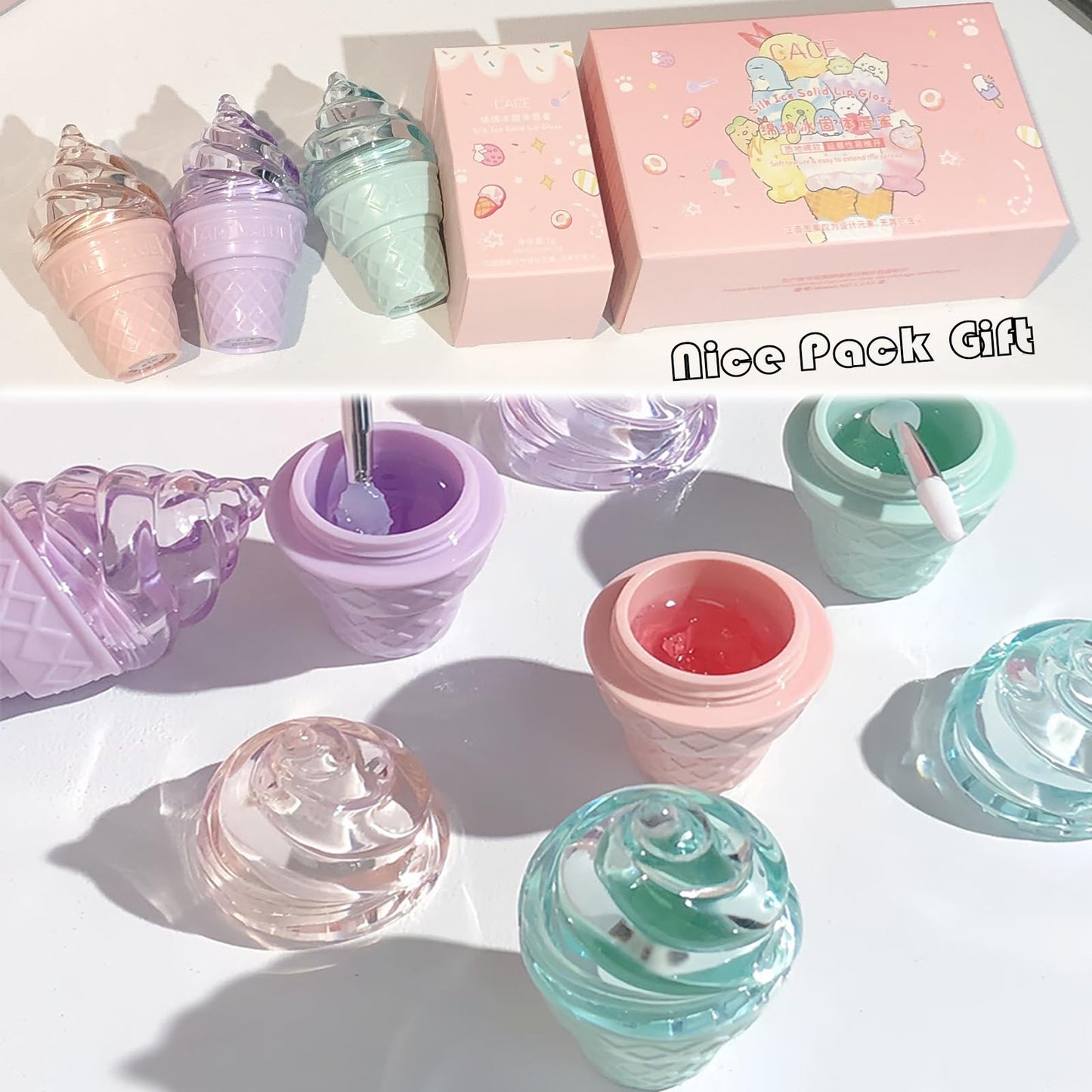 3Pcs Cute Hydrating Lip Gloss Set, Lip Sleeping Mask, Ice Cream Solid Lip Balm for Grils, Nourish Lip Care Makeup Sweet Peach/Blueberry/Green Apple Flavours