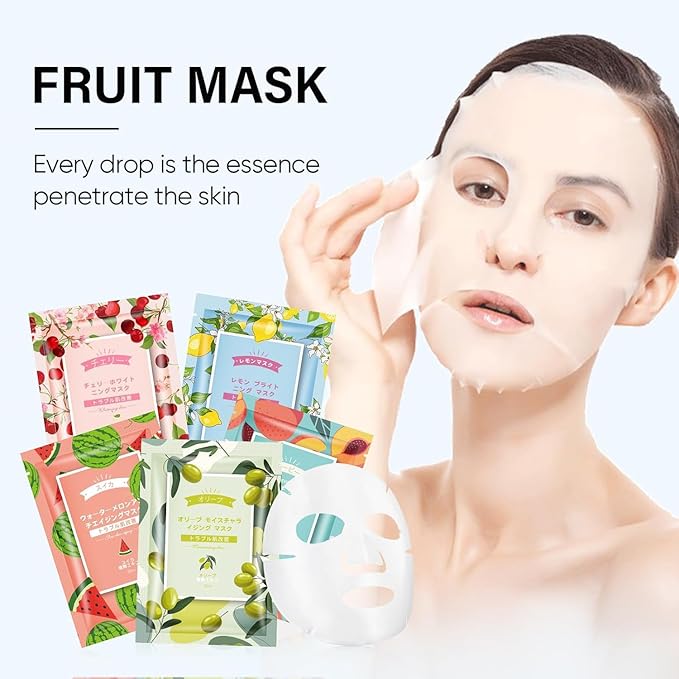 20 Pack Sheets Face Masks Skincare for All Skin Types, Hydrating Facial Masks, Watermelon, Aloe Vera, Peach, Oil Contral, Bulk Facial Mask for Women, Moisture Face sheet Masks for Spa