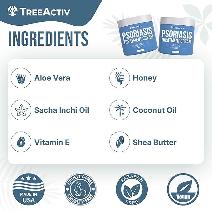 TreeActiv Psoriasis Treatment Cream, 8oz, Psoriasis Cream with Hyaluronic Acid for Face, Scalp, Body, Soothing Cream for Psoriasis Treatment, Psoriasis Moisturizing Cream for Scaly Dry Skin, 500+ Uses