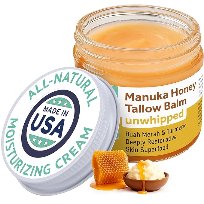 Manuka Honey Unwhipped Tallow Balm – Handmade Grass-Fed Beef Tallow with Frankincense, Vitamin E, Castor Oil, Buah Merah & Turmeric – Hydrates & Nourishes Skin for Men, Women & Kids – 2oz Glass Jar