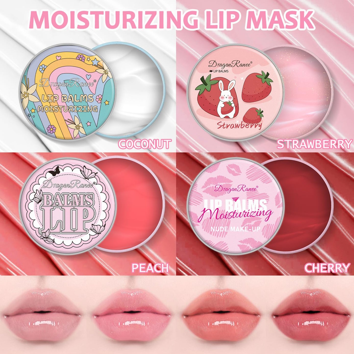 2 Pack Moisturizing Lip Masks, Strawberry Vitamin E Lip Balm Lip Care Gifts for Women Girls, Conditioning Lip Mask and Lip Butter Melting Balm for Dry and Cracked Lips (Strawberry & Peach)
