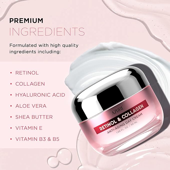Azure Cosmetics Retinol & Collagen Moisturizer For Face - Dermatologist Tested, Anti-Aging - Skin Tightening, Fine Lines and Wrinkles Treatment Face Cream - Korean Skin Care - All Skin Type - 2 Pack
