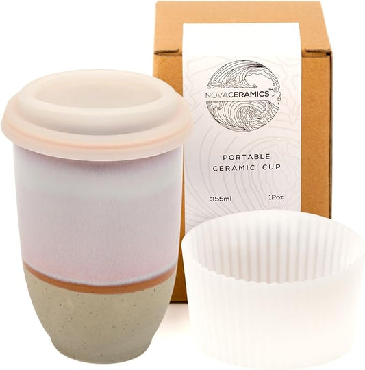 NOVA CERAMICS Travel Mug – Portable Coffee Tumbler – Unique to Go Mug – Microwave & Dishwasher Safe Purple Coffee Tumbler - Gifts for Women Men Him Her – 12oz – Horizon