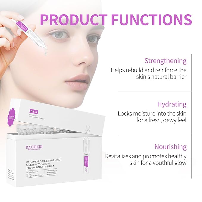 Ceramide Serum for Dry Sensitive Skin - Triple Ceramide Complex + Hyaluronic Acid, Strengthening Moisturizer, Gentle Non-Greasy Formula, 30 Single-Dose Ampoules