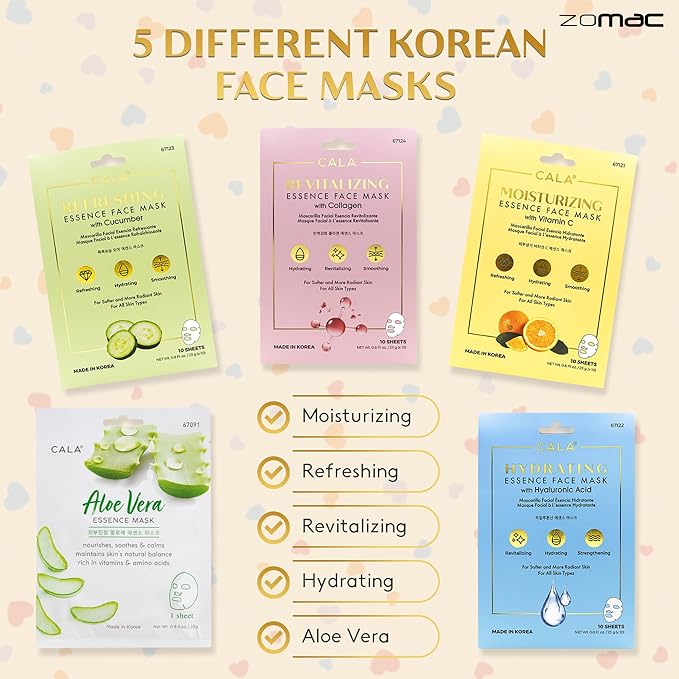 Face Mask Gift Set -10 Items- Cala Collagen, Cucumber, Aloe Vera, Vitamin C, and Hyaluronic Acid Face Masks, Eye Patches, and Foot Masks. Includes Gift Bag and Custom Shower Cap.