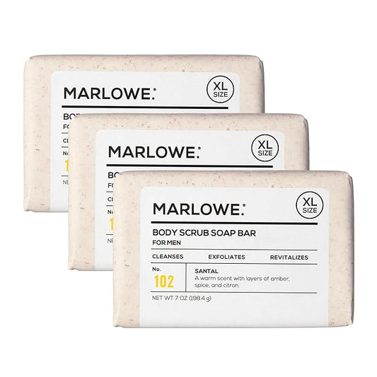MARLOWE. No. 102 Body Scrub Soap 7 oz (3 Bars), Santal, Exfoliating Soap Bar with Shea Butter, Olive Oil & Green Tea Extracts, Cleanses, Smooths & Revitalizes Skin, Warm Amber, Spice & Citron Scent