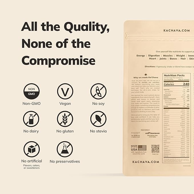 Ka’Chava Whole Body Meal Shake Chai 2 lb – Vegan Protein Powder with 85+ Superfoods & Greens – Plant-Based Meal Replacement with Probiotics & Digestive Enzymes – Gluten & Dairy Free (15 Servings)