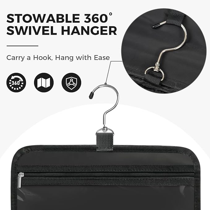 Toiletry Bag For women,Portable Hanging Organizer,4 Leakproof Compartment for full-sized Conditioner, Brushes Set, Makeup Accessories,Visible and easy to access.M-black