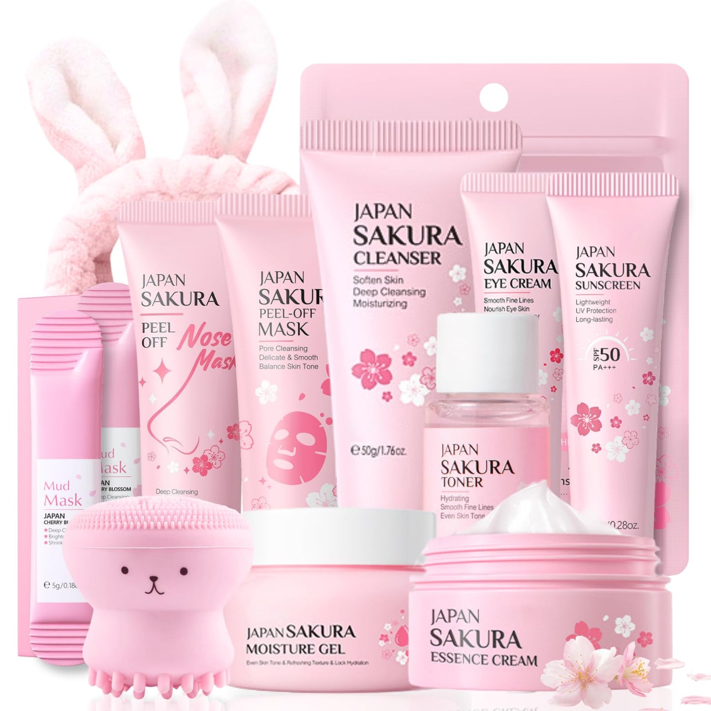 Skincare Kit Sakura Teen Girls Gifts - Skin Care Set Travel Size Toiletries - Sakura Skin Care for Teens 10-12 Hydrating - Teen Facial Kit Gift Set for Women with Bunny Headband（11PCS）