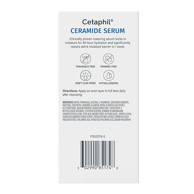 Cetaphil Ceramide Serum, Hydrates and Restores Skin Barrier, Formulated with Ceramides & Centella Asiatica, Designed for Sensitive Skin, Fragrance Free, Dermatologist Tested, 1oz