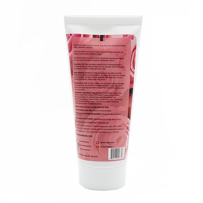 Reshma Beauty Rose Face Wash for All Skin Types & Dull, Glowing Skin and Deep Cleanser for Reviving, Nourishing & Rejuvenating, Removes Make-Up, For Daily Use, Cruelty-Free, 5.07 fl oz, Pack of 1