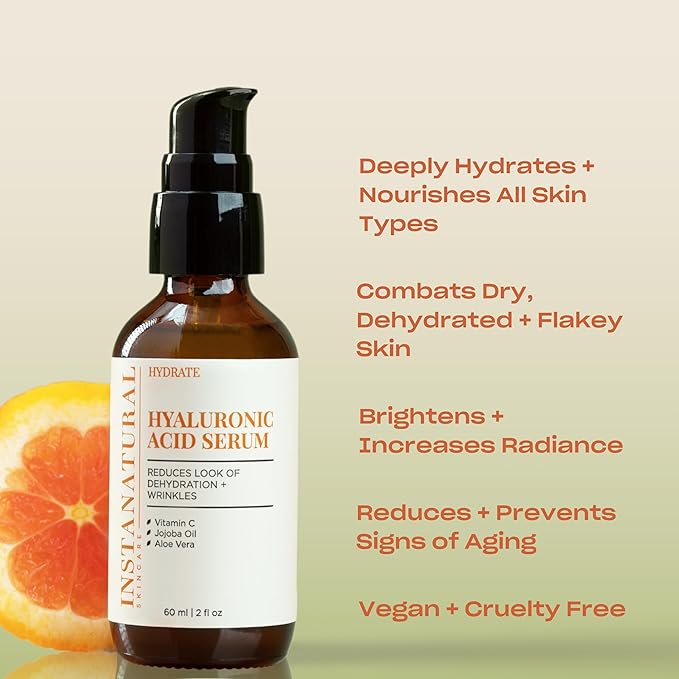 InstaNatural Hyaluronic Acid Serum for Face, Brightens, Hydrates, Reduces the Look of Fine Lines and Wrinkles, with Vitamin C, Jojoba Oil, and Aloe Vera, 2 Fl Oz