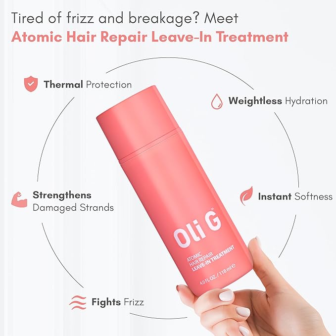 Oli G Atomic Hair Repair Leave In Treatment for Women – Anti Frizz Hair Treatment Cream with Oligopeptides & Botanical Proteins – Conditioning, Moisture & Strengthening Formula - All Hair Types - 4oz